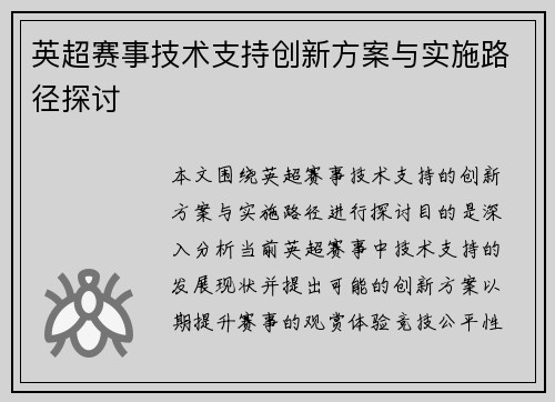 英超赛事技术支持创新方案与实施路径探讨